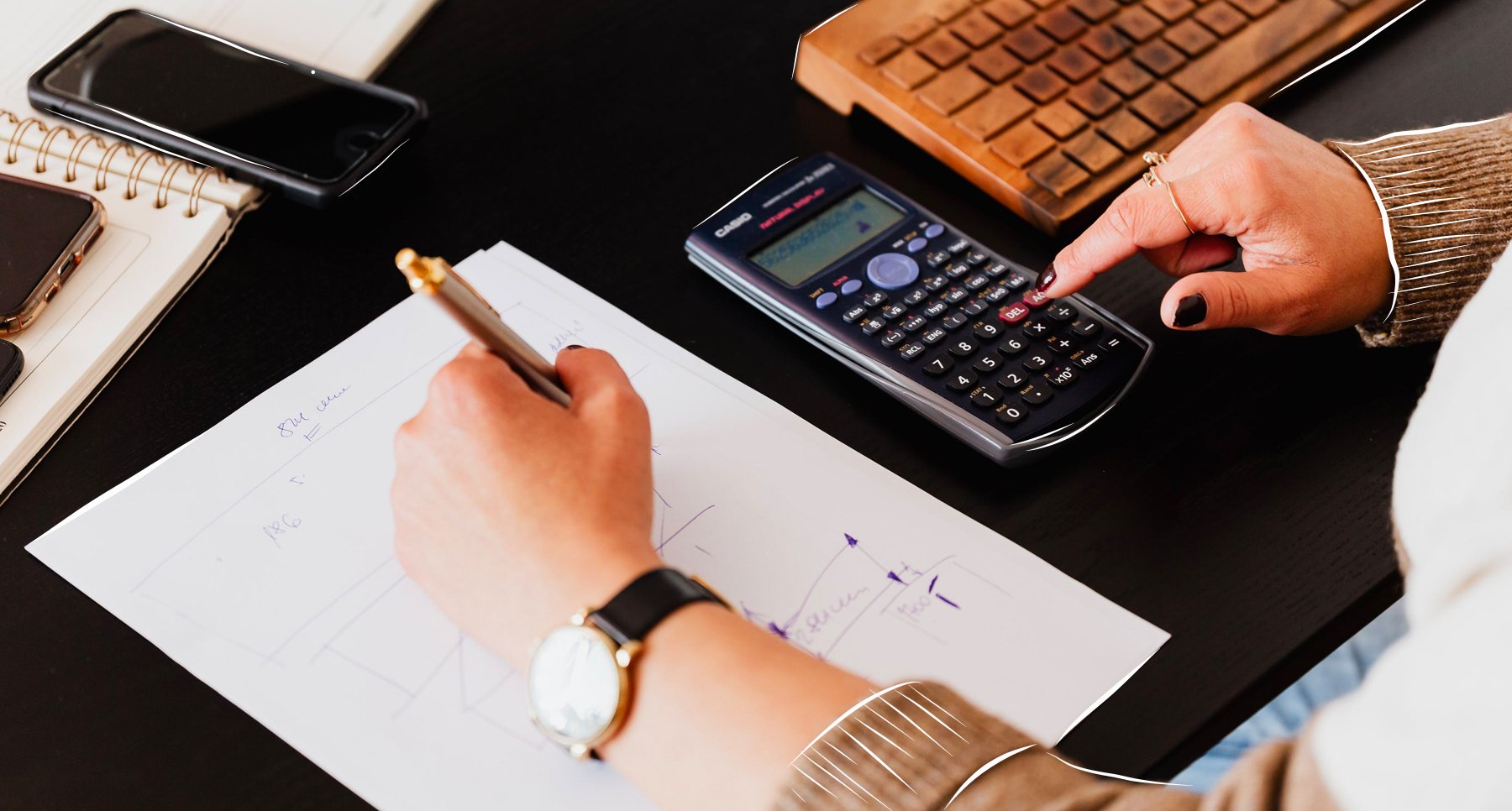 Woman with calculator calculating brand growth from brand trackers