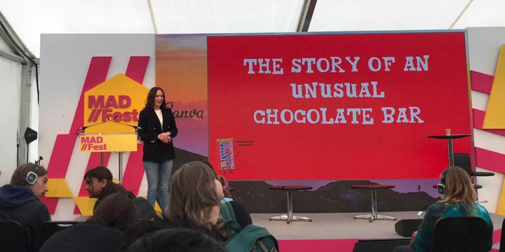 Tony's chocolonely, giving a speech at MAD//Fest london, on how marketing can be used for activism to inspire change
