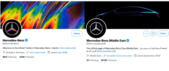 Brand Mercedes Benz's UK Twitter account supporting Pride Month and Middle East account not supporting LGBTQ+